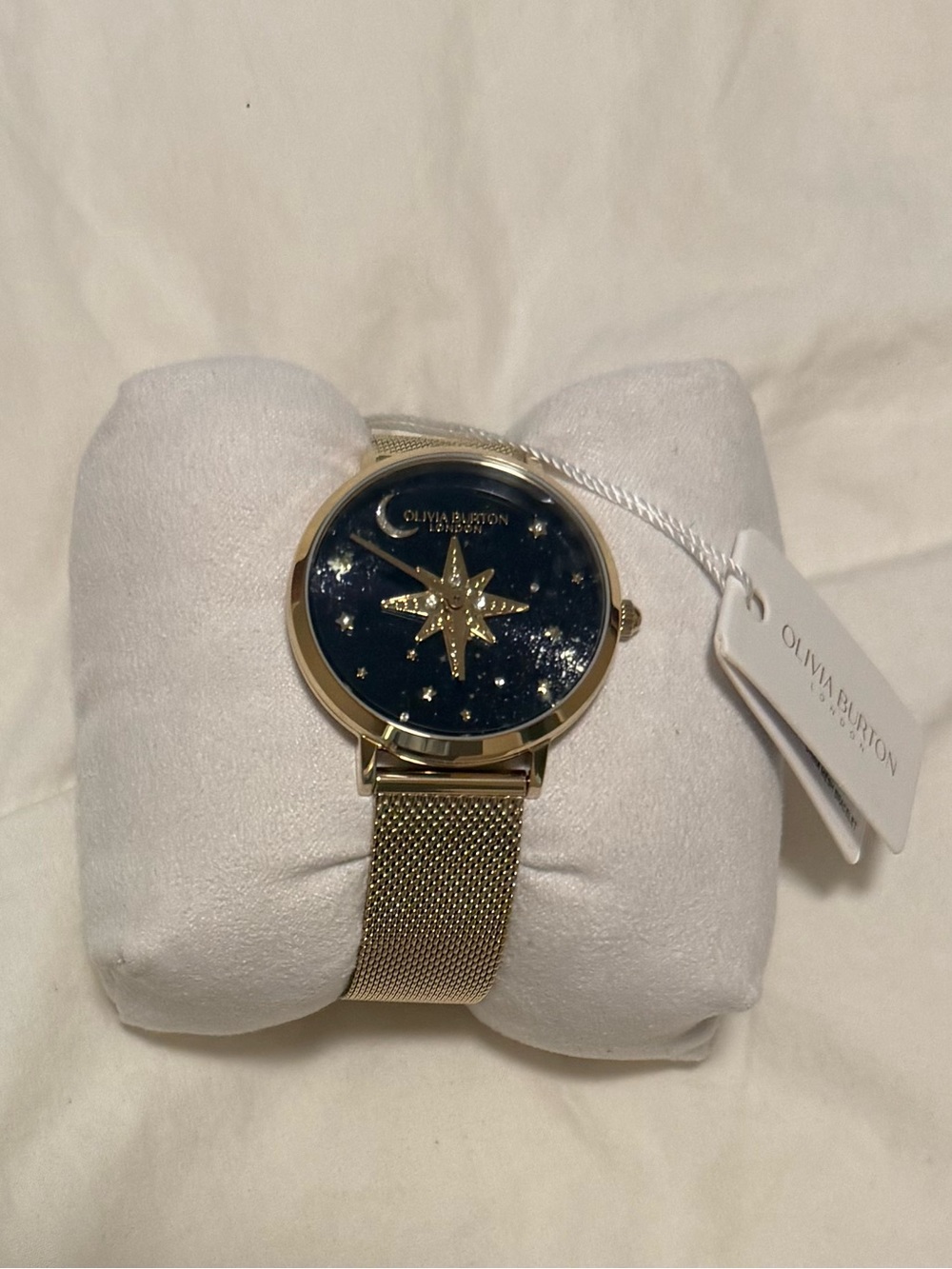 Olivia Burton MSRP $175 gold Mesh Watch with Navy Star Dial celestial space